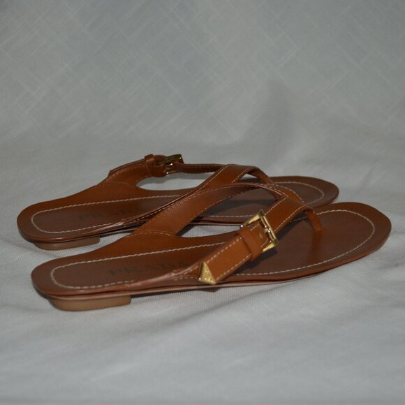 $995 Sz 37 6.5 Prada Brown Leather Calfskin Buckle Flat Thong Sandals - Picture 7 of 12